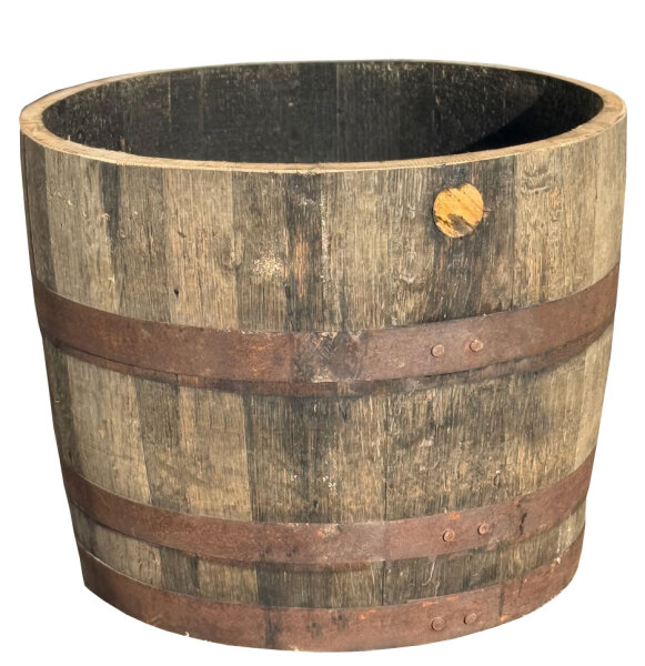 Extra HOHES schottisches Whiskyfass halbiert (Höhe ca. 50 cm):  natur, mit Ablaufbohrungen, ohne Rollen, ohne Schlaufen