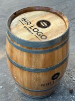 FASS MIT IHREM LOGO - Personalisiertes geschliffenes 225L Weinfass:  1x Bauch, natur, verzinkte Spannringe