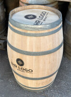 FASS MIT IHREM LOGO - Personalisiertes geschliffenes 225L Weinfass:  1x Bauch, natur, verzinkte Spannringe