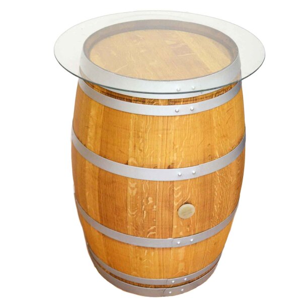 225L GESCHLIFFENES Weinfass als Stehtisch mit Glasplatte:  geschliffen & natur, ohne Fixierung, Glasplatte 70 cm