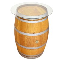 225L GESCHLIFFENES Weinfass als Stehtisch mit Glasplatte:  geschliffen & natur, ohne Fixierung, Glasplatte 70 cm