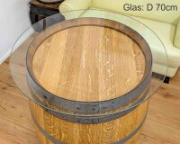 225L GESCHLIFFENES Weinfass als Stehtisch mit Glasplatte:  geschliffen & natur, ohne Fixierung, Glasplatte 70 cm