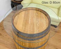 225L GESCHLIFFENES Weinfass als Stehtisch mit Glasplatte:  geschliffen & natur, ohne Fixierung, Glasplatte 70 cm