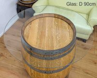 225L GESCHLIFFENES Weinfass als Stehtisch mit Glasplatte:  geschliffen & natur, ohne Fixierung, Glasplatte 70 cm