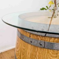 225L GESCHLIFFENES Weinfass als Stehtisch mit Glasplatte:  geschliffen & natur, ohne Fixierung, Glasplatte 70 cm