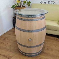 225L GESCHLIFFENES Weinfass als Stehtisch mit Glasplatte:  geschliffen & natur, ohne Fixierung, Glasplatte 70 cm