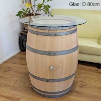 225L GESCHLIFFENES Weinfass als Stehtisch mit Glasplatte:  geschliffen & natur, ohne Fixierung, Glasplatte 70 cm
