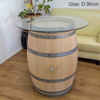 225L GESCHLIFFENES Weinfass als Stehtisch mit Glasplatte:  geschliffen & natur, ohne Fixierung, Glasplatte 70 cm
