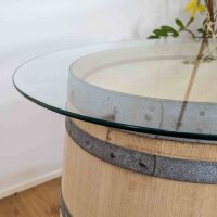 225L GESCHLIFFENES Weinfass als Stehtisch mit Glasplatte:  geschliffen & natur, ohne Fixierung, Glasplatte 70 cm