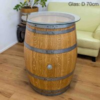 225L GESCHLIFFENES Weinfass als Stehtisch mit Glasplatte:  geschliffen & natur, ohne Fixierung, Glasplatte 70 cm