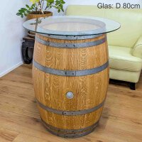 225L GESCHLIFFENES Weinfass als Stehtisch mit Glasplatte:  geschliffen & natur, ohne Fixierung, Glasplatte 70 cm