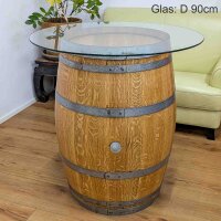 225L GESCHLIFFENES Weinfass als Stehtisch mit Glasplatte:  geschliffen & natur, ohne Fixierung, Glasplatte 70 cm
