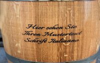 Personalisiertes GESCHLIFFENES 225L Weinfass: Schriftzug am Bauch, natur, verzinkte Ringe
