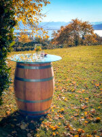 Personalisiertes GESCHLIFFENES 225L Weinfass: Schriftzug am Bauch, natur, verzinkte Ringe