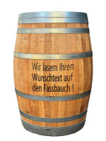 Personalisiertes GESCHLIFFENES 225L Weinfass: Schriftzug am Deckel, natur, verzinkte Ringe