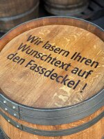Personalisiertes GESCHLIFFENES 225L Weinfass: Schriftzug am Deckel, natur, verzinkte Ringe