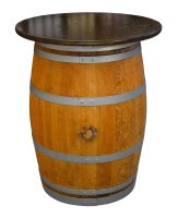 Weinfass als Stehtisch mit Tischplatte - geschliffen, geölt, silberne Ringe Durchmesser: 80 cm, Tischplatte: Nussbaum