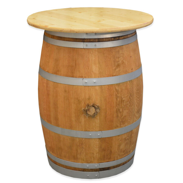Weinfass als Stehtisch mit Tischplatte - geschliffen, geölt, silberne Ringe, Tischplatte: Klarlack Durchmesser: 80 cm