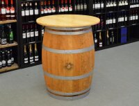 Weinfass als Stehtisch mit Tischplatte - geschliffen, geölt, silberne Ringe, Tischplatte: Klarlack Durchmesser: 80 cm