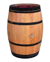 225l Weinfass geöffnet als Regenfass - geschliffen und geölt mit schwarzen Ringen Wasserhahn: Ohne Wasserhahn, Lieferumfang: ohne Deckel