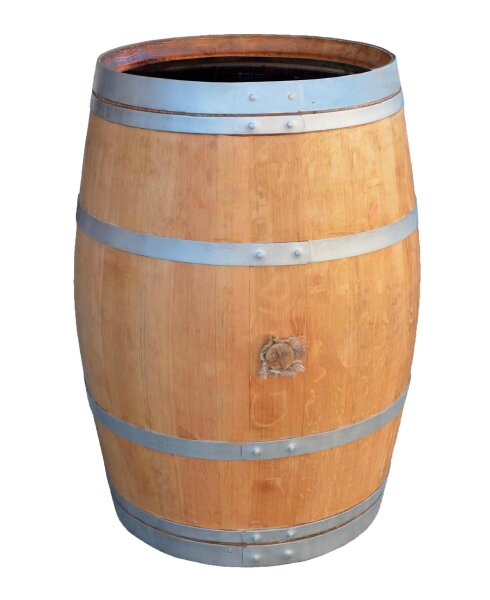 225L Weinfass geöffnet als Regentonne - geschliffen, lackiert mit silbernen Ringen