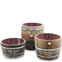 D 70cm - Rustikales Weinfass halbiert als Pflanzkübel aus Eichenholz - Landhausstil rustikal Oberfläche: Natur, Rollen: ohne Rollen, Trageschlaufen: ohne Schlaufen, Ablaufbohrungen: ohne Bohrung (Miniteich)