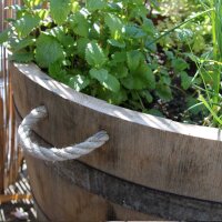 D 75cm - Weinfass halbiert 150l - Als Pflanzkübel oder Teichfass Oberfläche: Natur, ohne Rollen, ohne Schlaufen, Ablaufbohrungen: ohne Bohrung (Miniteich)