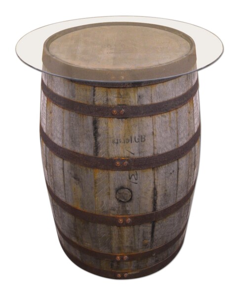 190L Originales schottisches Whiskyfass als Stehtisch mit Glasplatte, Eichenfass, Holzfass, Holzbehandlung: natur