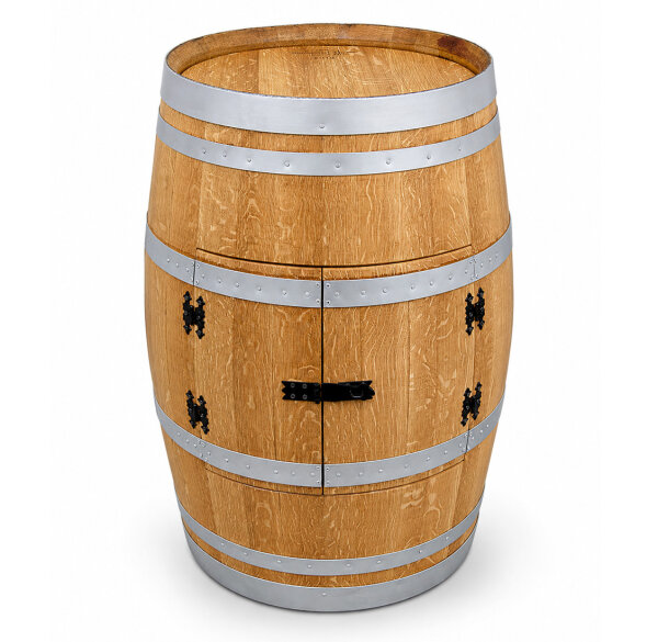 Weinfass als Weinschrank / Barfass - GESCHLIFFEN & GEÖLT mit SILBERNEN Ringen - Grill Beistelltisch
