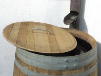 500L Große Regentonne aus Weinfass - natur unbehandelt Lieferumfang: Deckel mit Edelstahlgriff, Wasserhahn: Ohne Hahn, Oberfläche: Natur unbehandelt